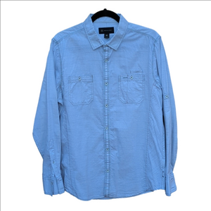 INC light blue long-sleeve cotton button-up shirt featuring dual chest pockets